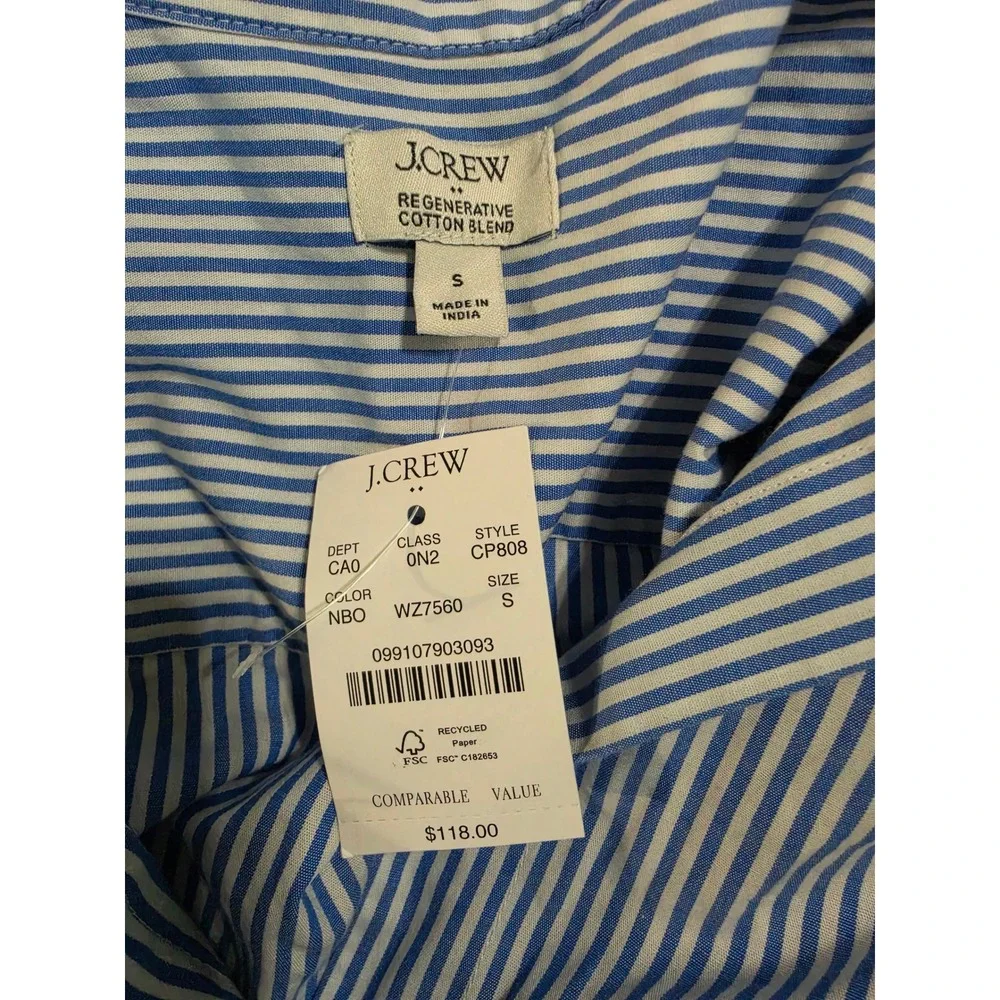 J.Crew Blue White Striped Bow Applique Cotton Blend Button Down Shirt CP808 S